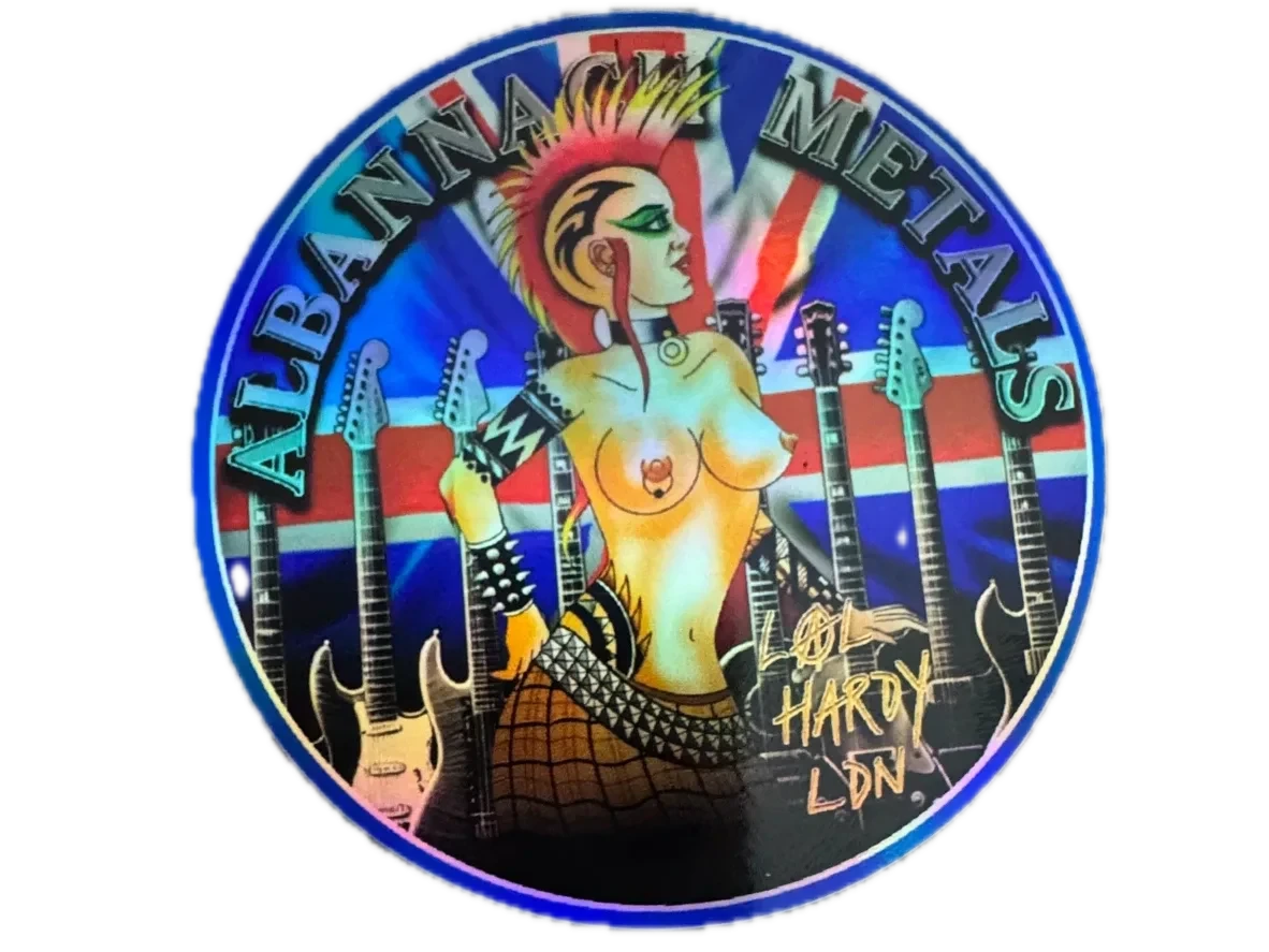 Albannach Metals’ colorful punk-art sticker with guitars and a Union Jack